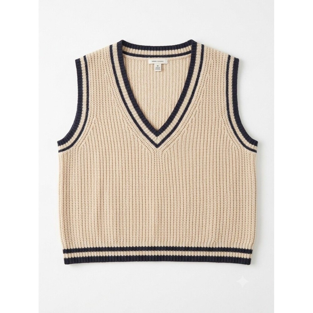 Divided H&M Womens Beige Navy Striped V-Neck Knit Sweater Vest Preppy Size XL
